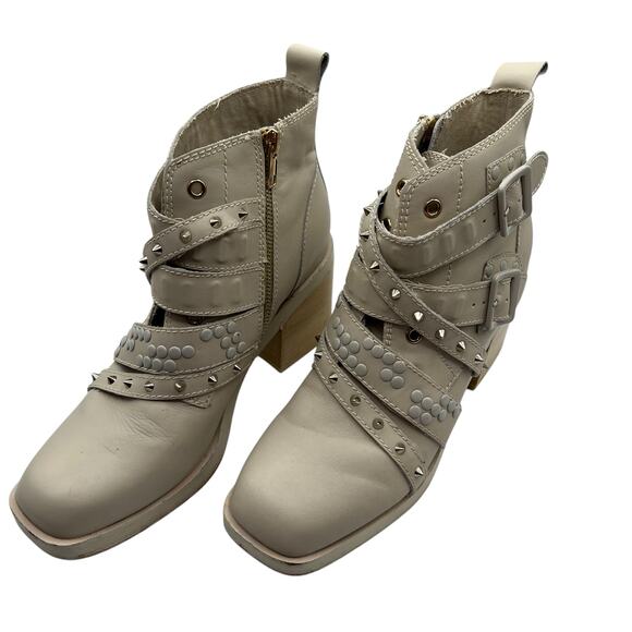 Kelsi Dagger Shoes - Kelsi Dagger Brooklyn Studded Wallace Buckle Leather Boots Cream Block Heel 8.5